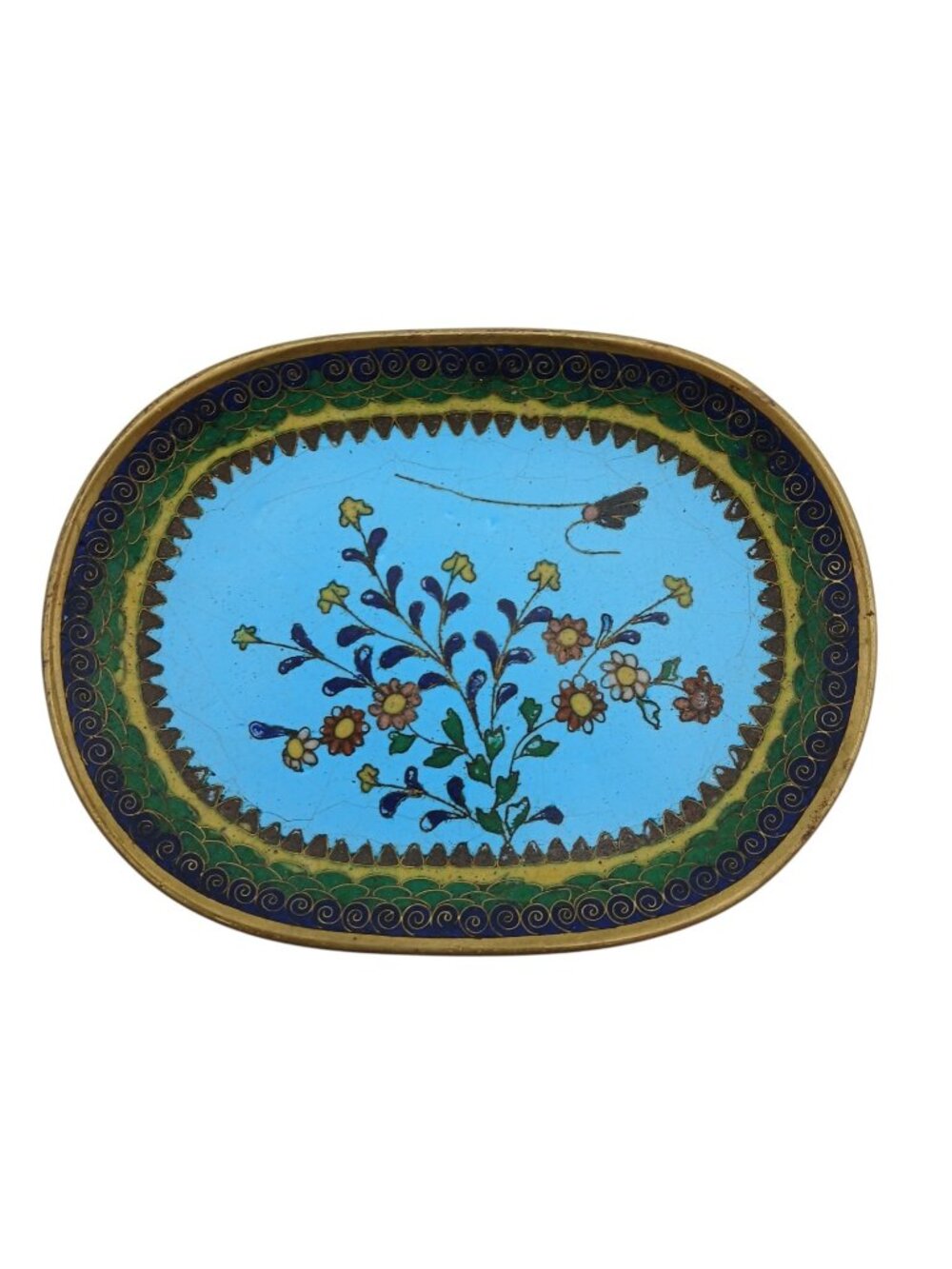 Vintage Chinese Cloisonné Oval Trinket Dish Floral Enamel Turquoise 5”